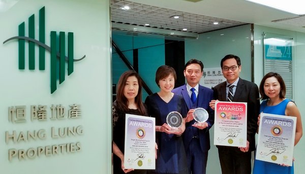 恒隆地產副董事 -- 人力資源潘舜雅女士（左二）與團隊一起接受由“國際杰出顧客關系服務獎”頒發的“最佳人力發展計劃”及“最佳員工敬業計劃”大獎。